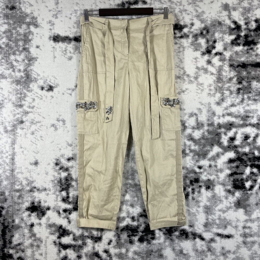 Chicos Pants Womens‎ Size 00 Crop Beige Bedazzled LInen Straight Cargo Pocket